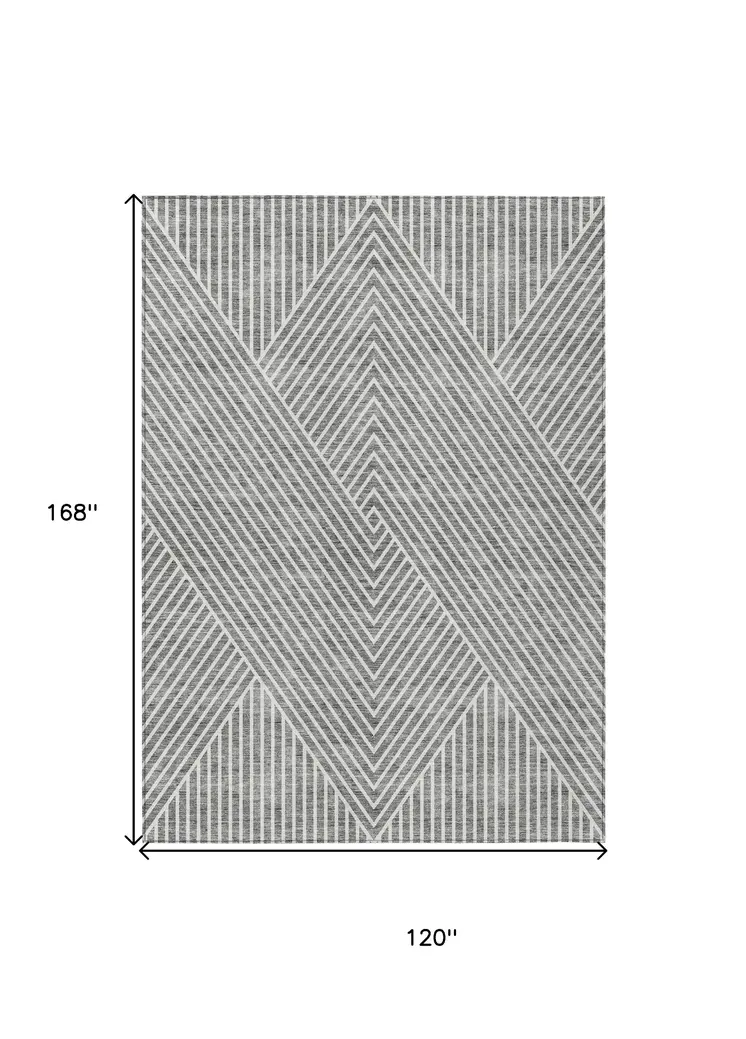 10' X 14' Gray And Ivory Geometric Washable Indoor Outdoor Area Rug