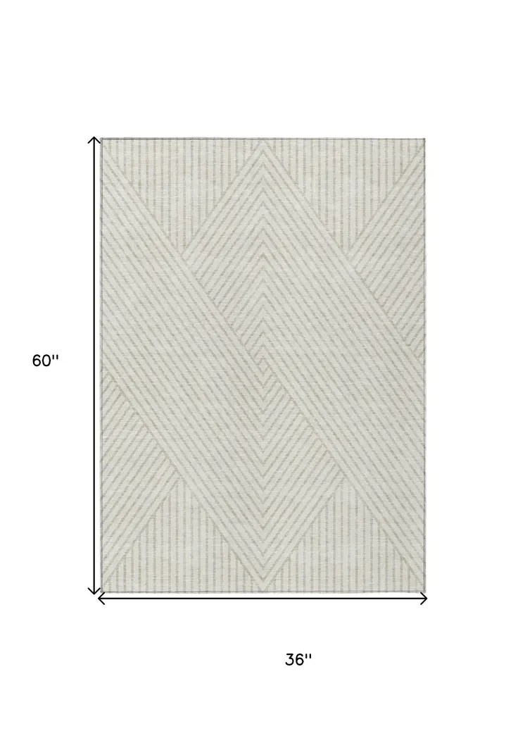 3' X 5' Ivory And Pale Beige Geometric Washable Indoor Outdoor Area Rug