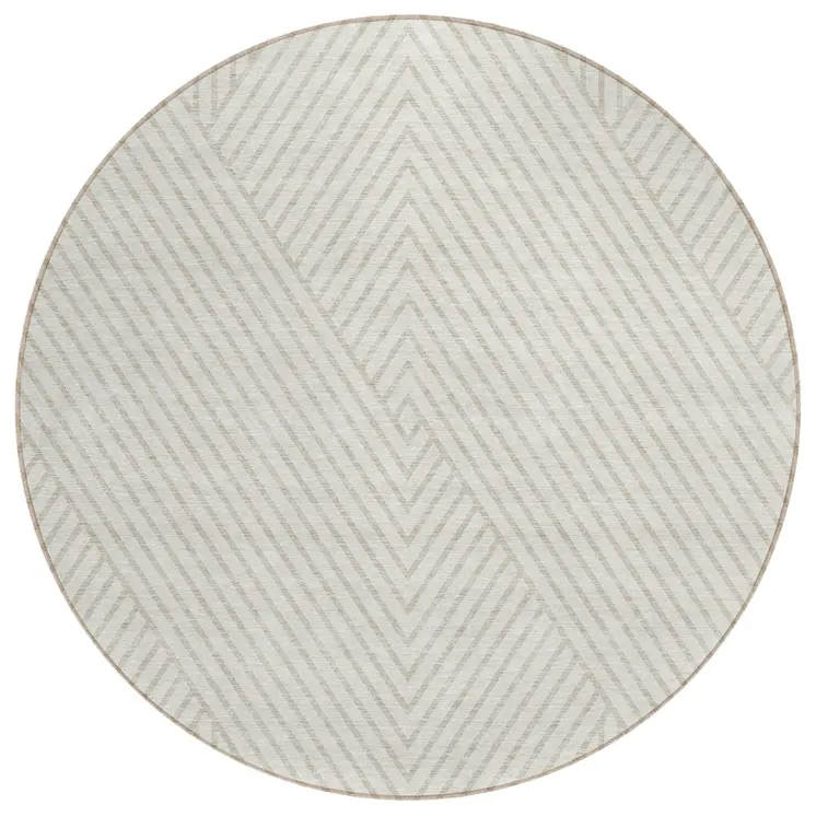 8' Ivory And Pale Beige Round Geometric Washable Indoor Outdoor Area Rug