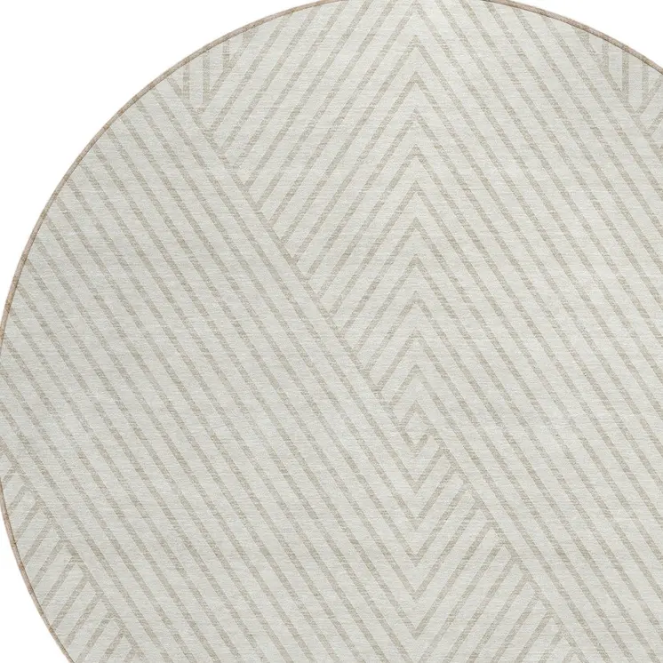 8' Ivory And Pale Beige Round Geometric Washable Indoor Outdoor Area Rug