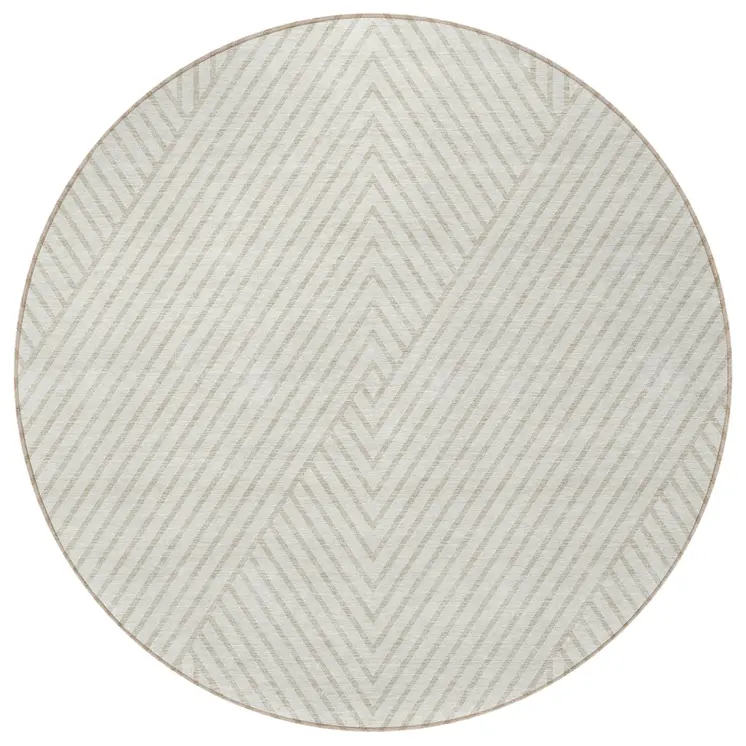 8' Ivory And Pale Beige Round Geometric Washable Indoor Outdoor Area Rug