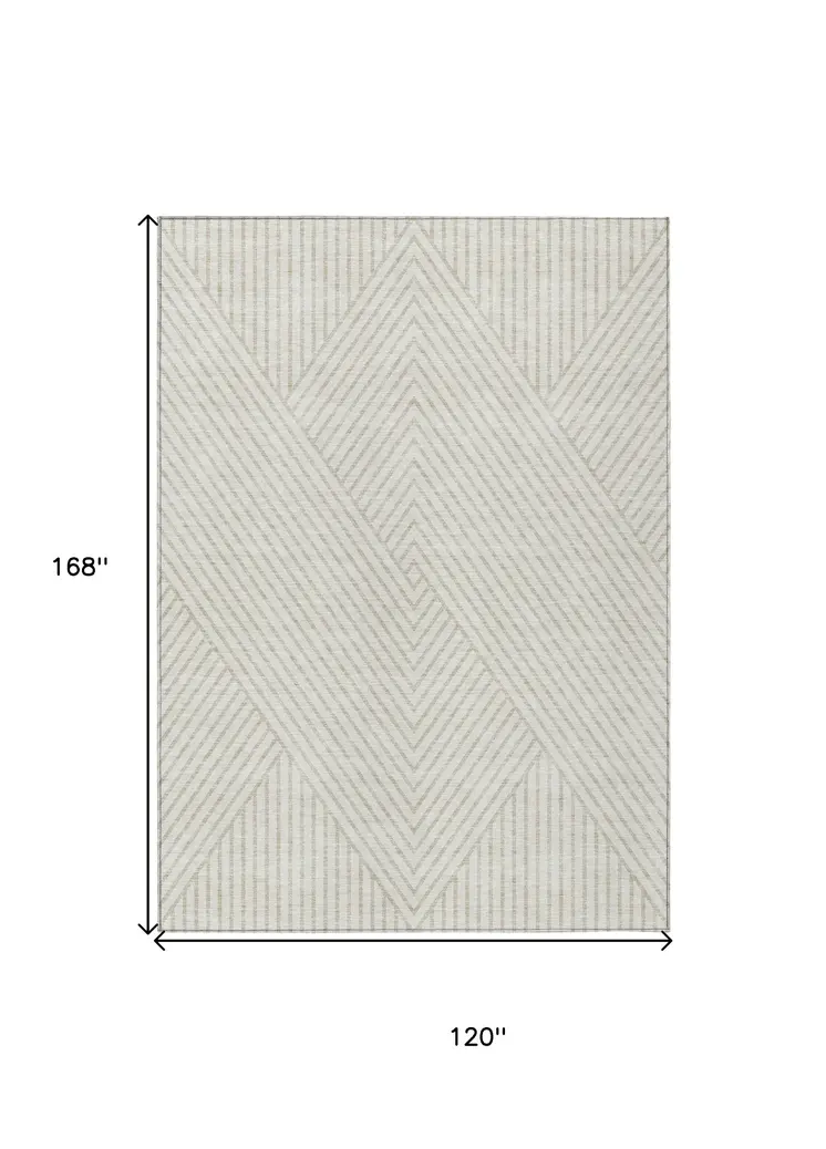 10' X 14' Ivory And Pale Beige Geometric Washable Indoor Outdoor Area Rug