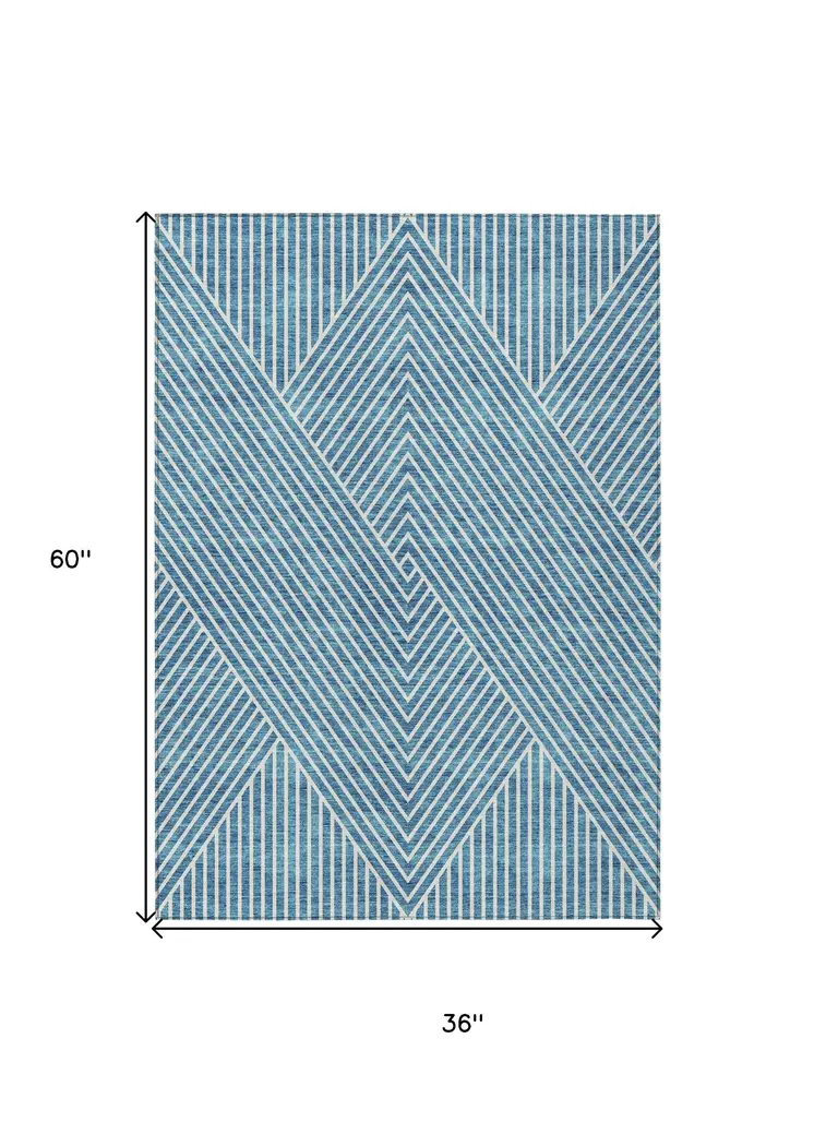 3' X 5' Teal Blue And Ivory Geometric Washable Indoor Outdoor Area Rug