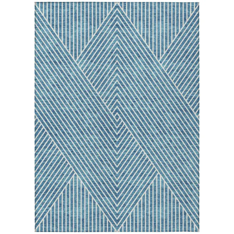 3' X 5' Teal Blue And Ivory Geometric Washable Indoor Outdoor Area Rug