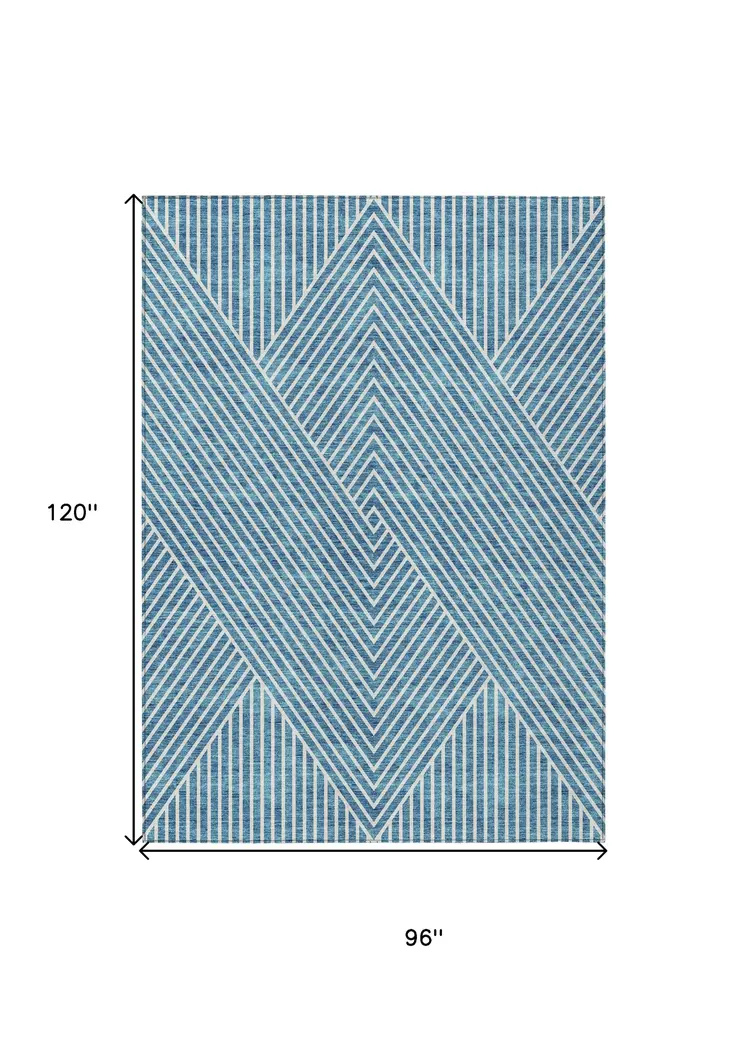 8' X 10' Teal Blue And Ivory Geometric Washable Indoor Outdoor Area Rug