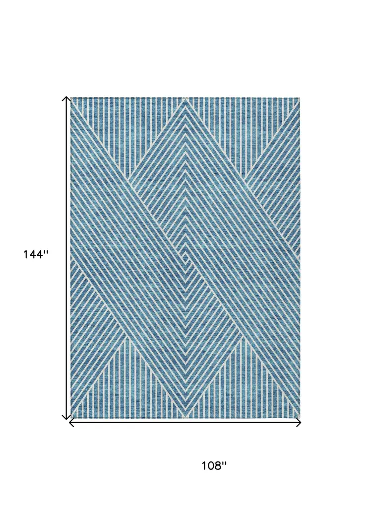 9' X 12' Teal Blue And Ivory Geometric Washable Indoor Outdoor Area Rug