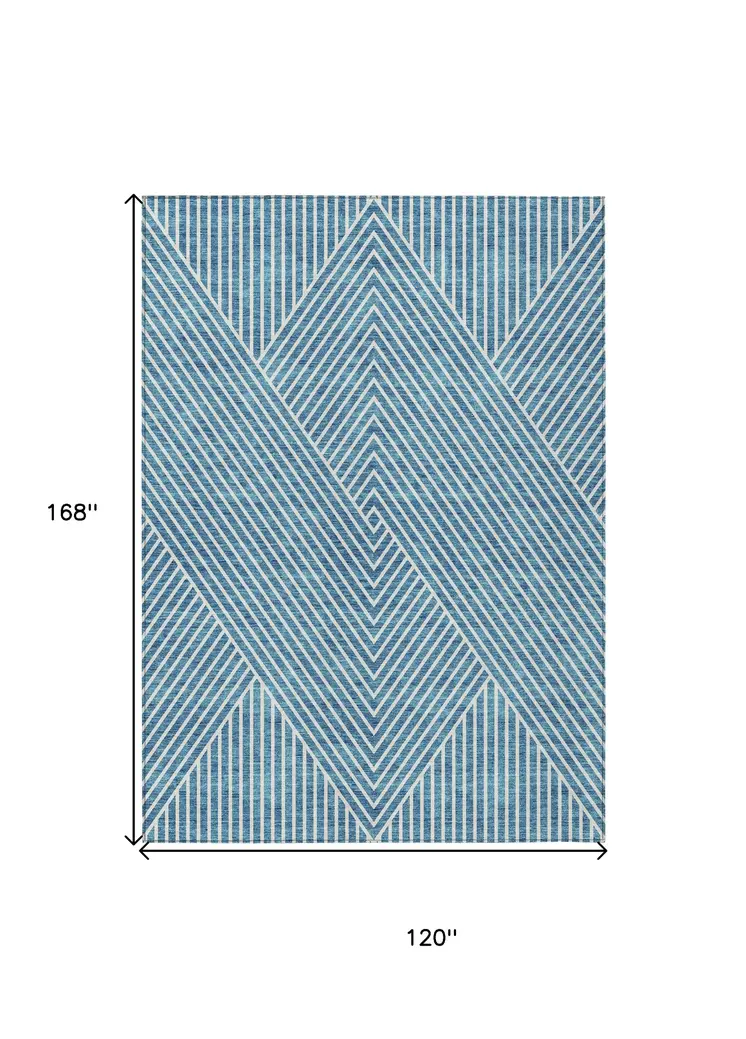 10' X 14' Teal Blue And Ivory Geometric Washable Indoor Outdoor Area Rug