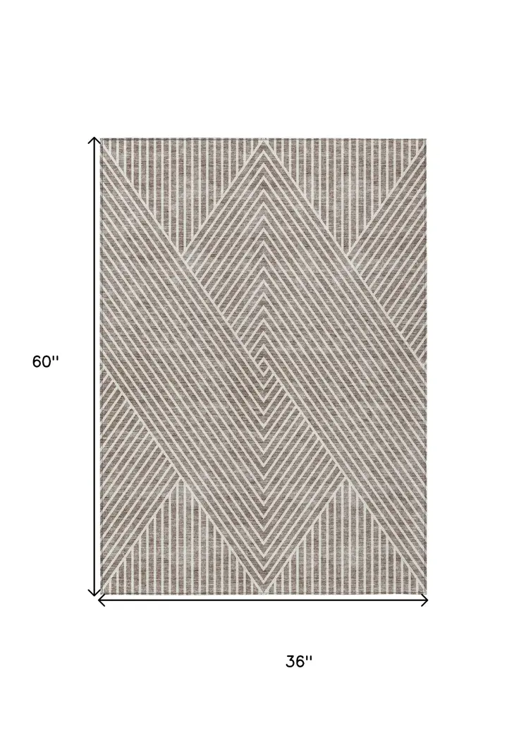 3' X 5' Taupe And Ivory Geometric Washable Indoor Outdoor Area Rug