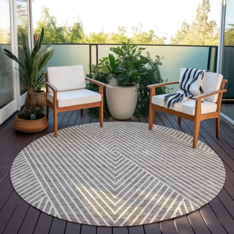 8' Taupe And Ivory Round Geometric Washable Indoor Outdoor Area Rug