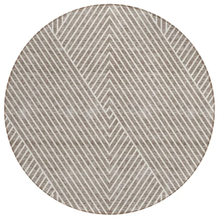 8' Taupe And Ivory Round Geometric Washable Indoor Outdoor Area Rug