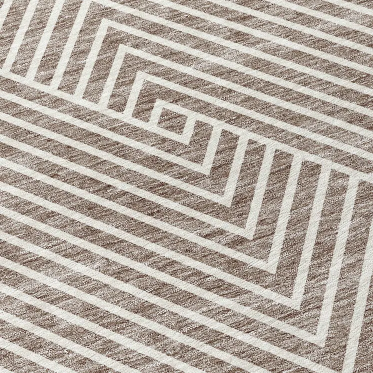 8' Taupe And Ivory Round Geometric Washable Indoor Outdoor Area Rug