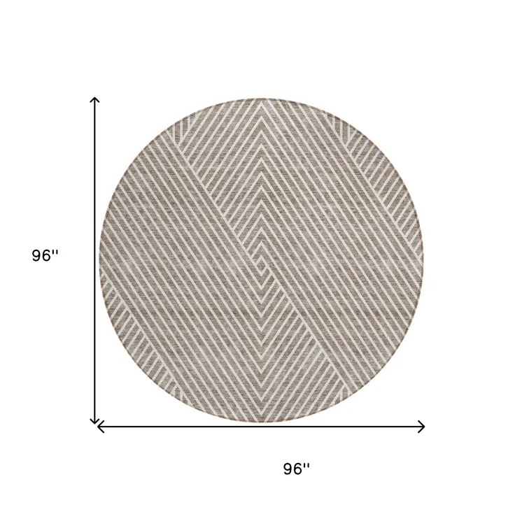 8' Taupe And Ivory Round Geometric Washable Indoor Outdoor Area Rug