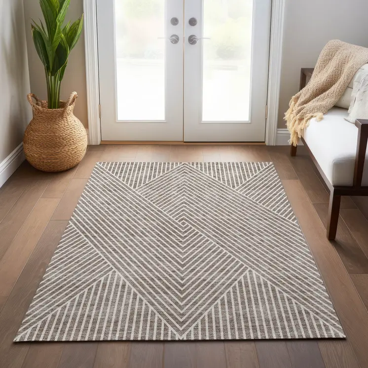 8' X 10' Taupe And Ivory Geometric Washable Indoor Outdoor Area Rug