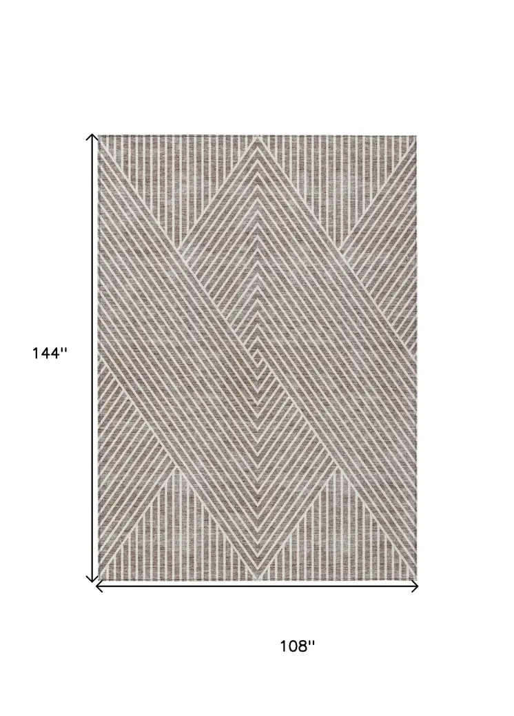 9' X 12' Taupe And Ivory Geometric Washable Indoor Outdoor Area Rug