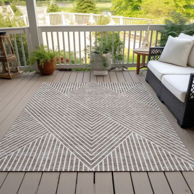 9' X 12' Taupe And Ivory Geometric Washable Indoor Outdoor Area Rug