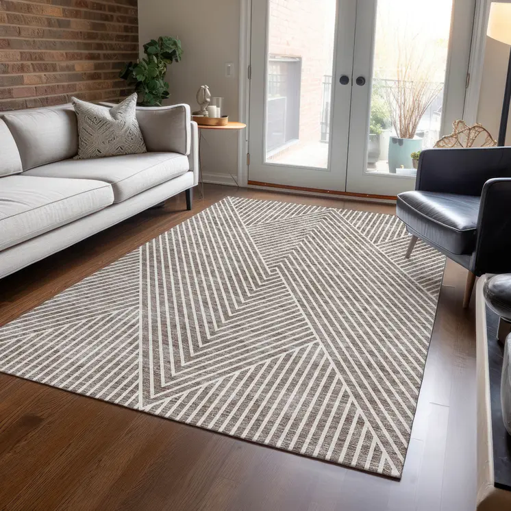 9' X 12' Taupe And Ivory Geometric Washable Indoor Outdoor Area Rug