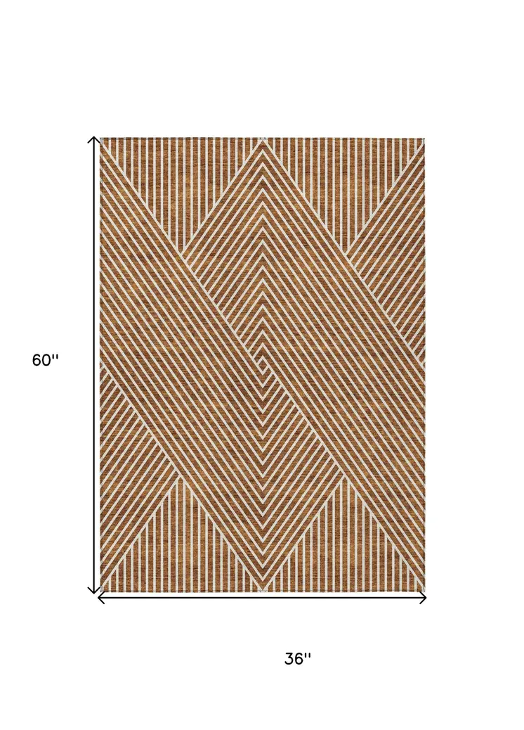 3' X 5' Terra Cotta And Ivory Geometric Washable Indoor Outdoor Area Rug
