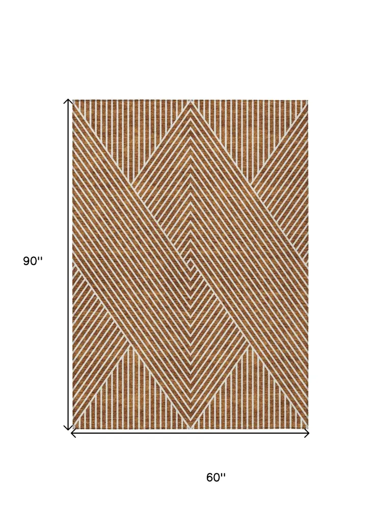 5' X 8' Terra Cotta And Ivory Geometric Washable Indoor Outdoor Area Rug