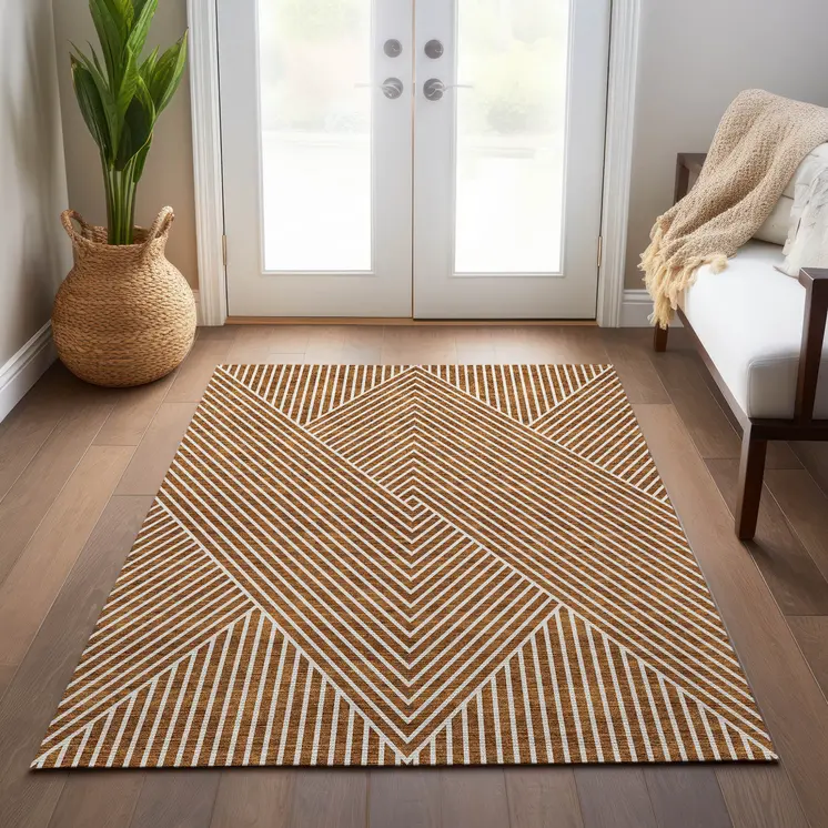 5' X 8' Terra Cotta And Ivory Geometric Washable Indoor Outdoor Area Rug