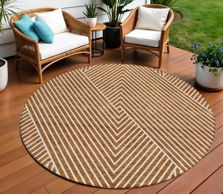 8' Terra Cotta And Ivory Round Geometric Washable Indoor Outdoor Area Rug