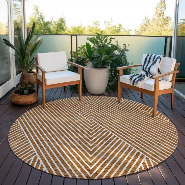 8' Terra Cotta And Ivory Round Geometric Washable Indoor Outdoor Area Rug