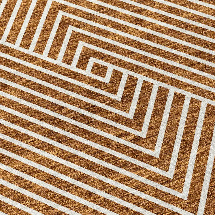 8' Terra Cotta And Ivory Round Geometric Washable Indoor Outdoor Area Rug