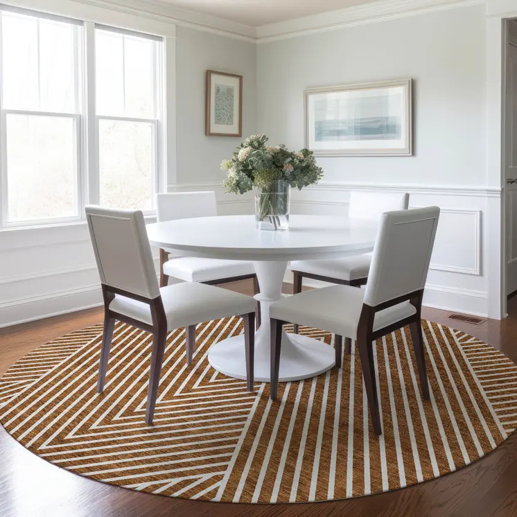 8' Terra Cotta And Ivory Round Geometric Washable Indoor Outdoor Area Rug