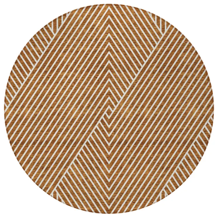 8' Terra Cotta And Ivory Round Geometric Washable Indoor Outdoor Area Rug