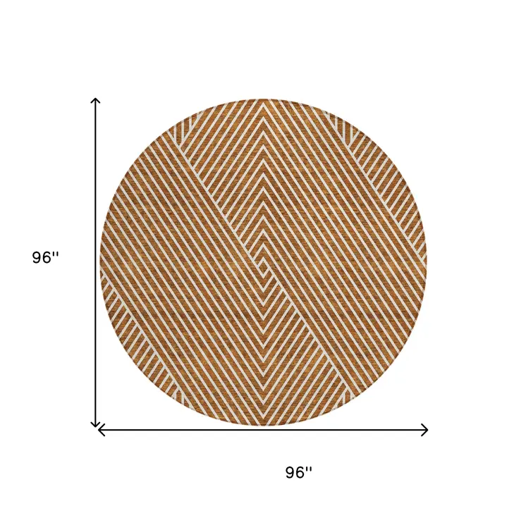 8' Terra Cotta And Ivory Round Geometric Washable Indoor Outdoor Area Rug