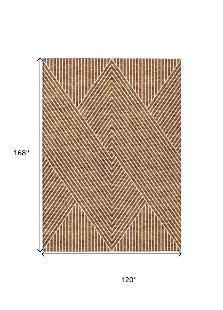 10' X 14' Terra Cotta And Ivory Geometric Washable Indoor Outdoor Area Rug