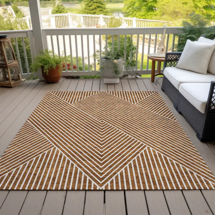 10' X 14' Terra Cotta And Ivory Geometric Washable Indoor Outdoor Area Rug