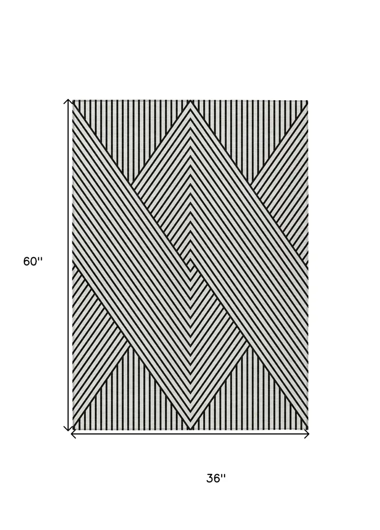 3' X 5' White And Black Geometric Washable Indoor Outdoor Area Rug