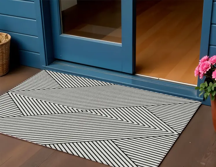 3' X 5' White And Black Geometric Washable Indoor Outdoor Area Rug