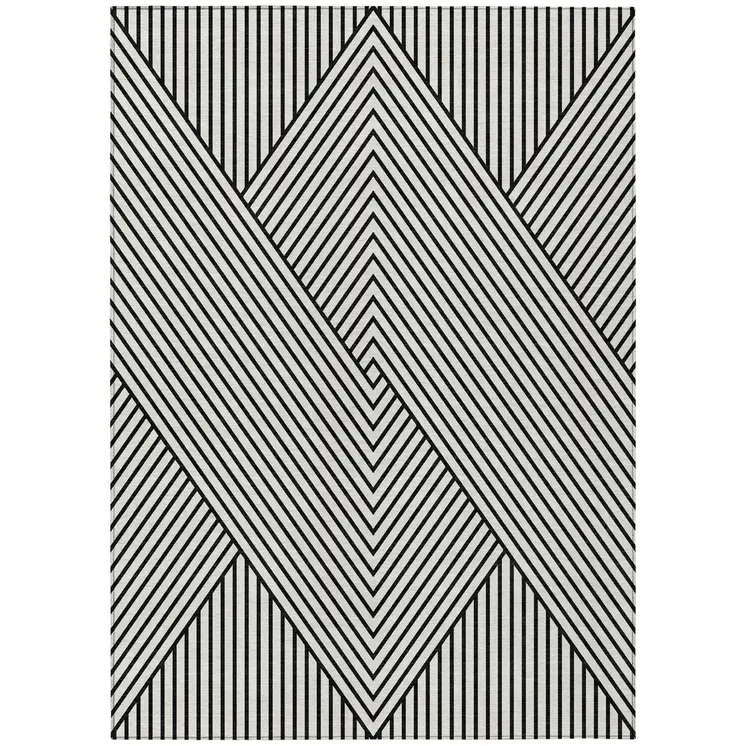 3' X 5' White And Black Geometric Washable Indoor Outdoor Area Rug