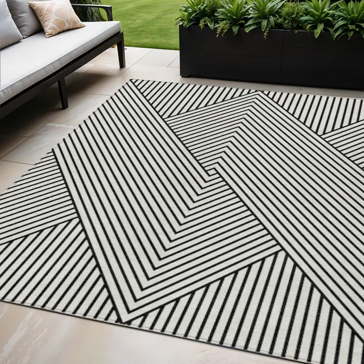 5' X 8' White And Black Geometric Washable Indoor Outdoor Area Rug