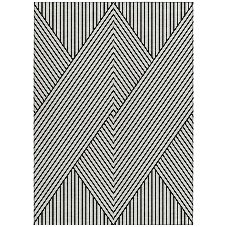 5' X 8' White And Black Geometric Washable Indoor Outdoor Area Rug