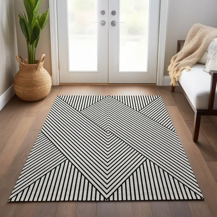 5' X 8' White And Black Geometric Washable Indoor Outdoor Area Rug