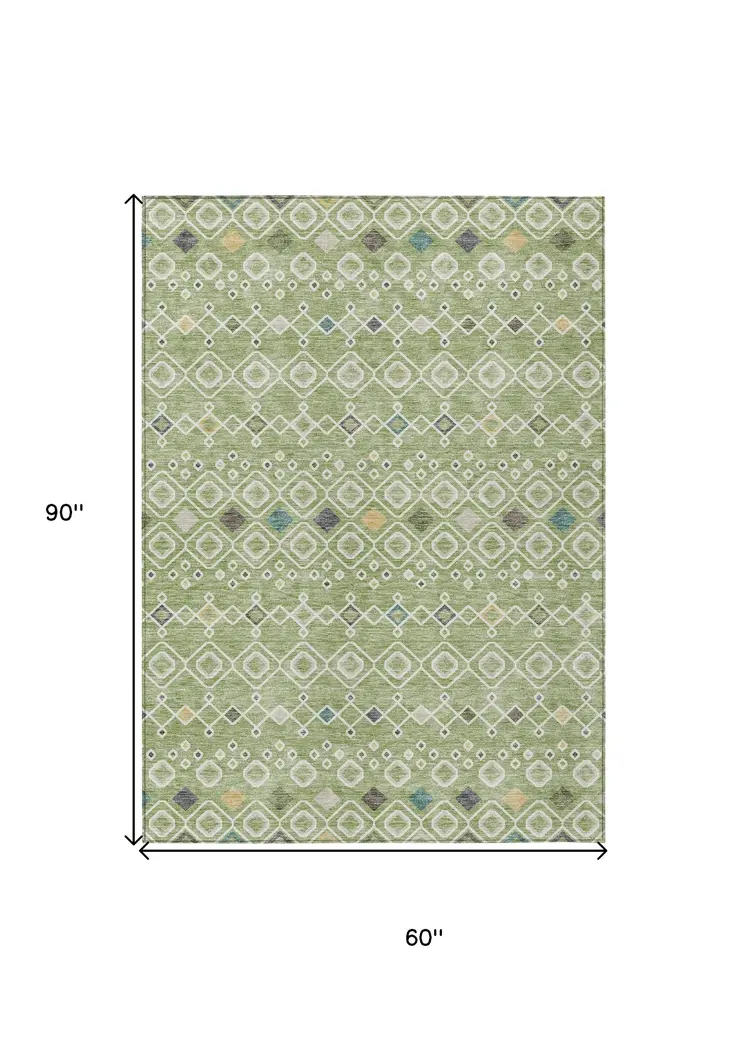 5' X 8' Sage Ivory And Teal Blue Geometric Washable Indoor Outdoor Area Rug