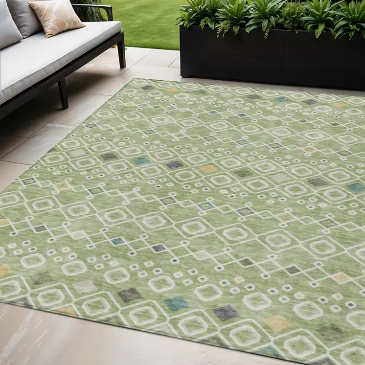 5' X 8' Sage Ivory And Teal Blue Geometric Washable Indoor Outdoor Area Rug
