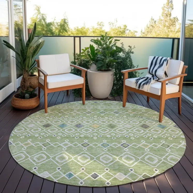 8' Sage Ivory And Teal Blue Round Geometric Washable Indoor Outdoor Area Rug