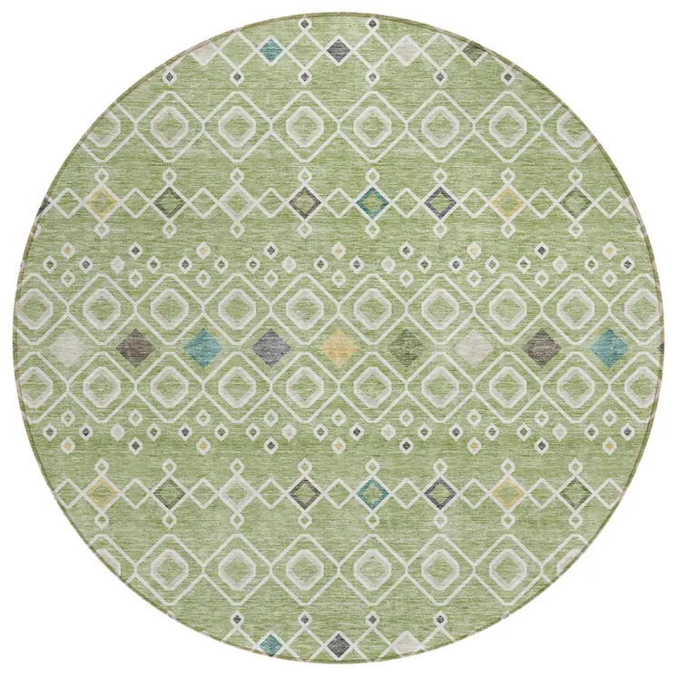 8' Sage Ivory And Teal Blue Round Geometric Washable Indoor Outdoor Area Rug