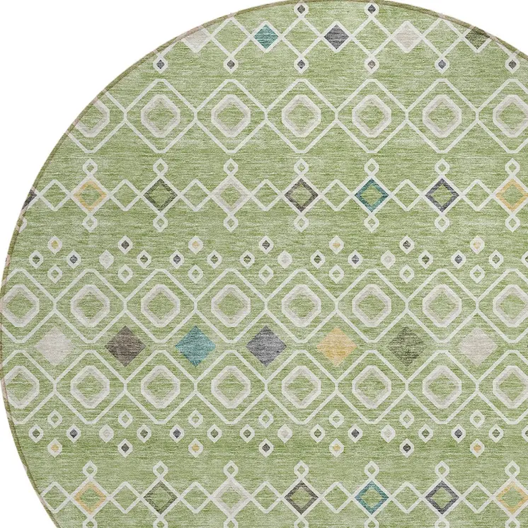 8' Sage Ivory And Teal Blue Round Geometric Washable Indoor Outdoor Area Rug