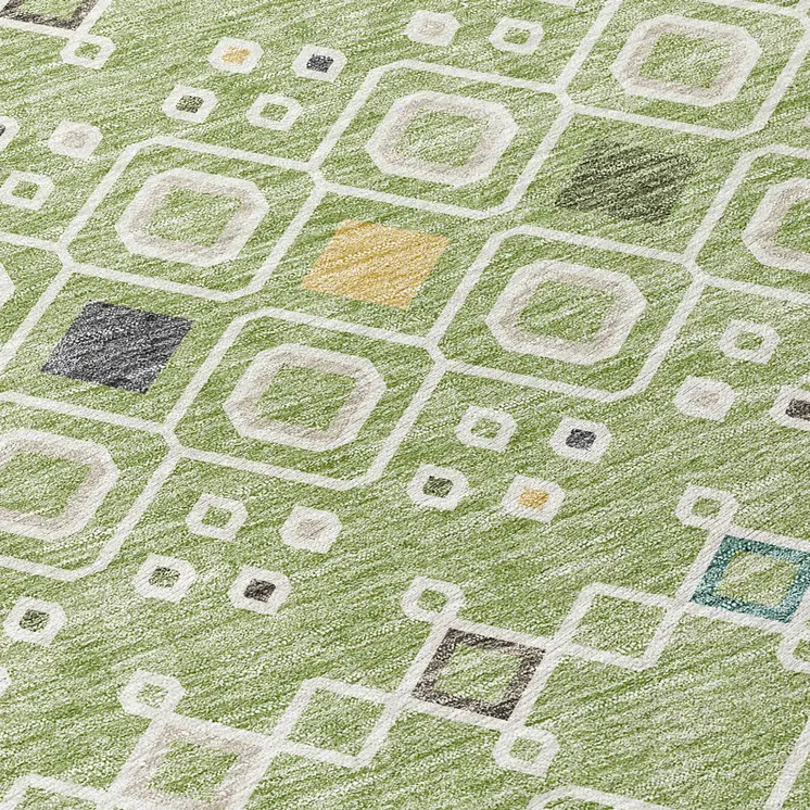 8' Sage Ivory And Teal Blue Round Geometric Washable Indoor Outdoor Area Rug