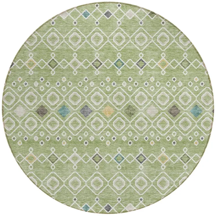 8' Sage Ivory And Teal Blue Round Geometric Washable Indoor Outdoor Area Rug