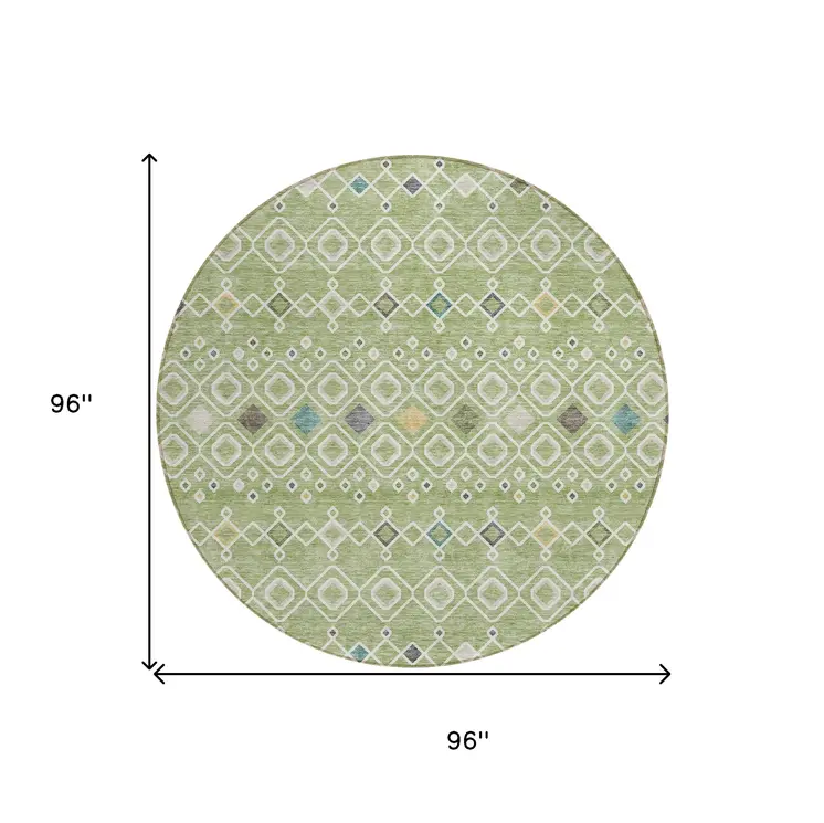8' Sage Ivory And Teal Blue Round Geometric Washable Indoor Outdoor Area Rug