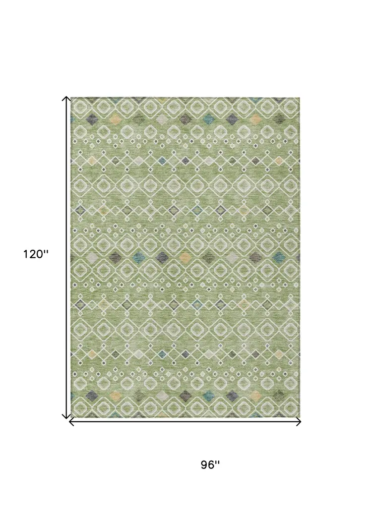 8' X 10' Sage Ivory And Teal Blue Geometric Washable Indoor Outdoor Area Rug