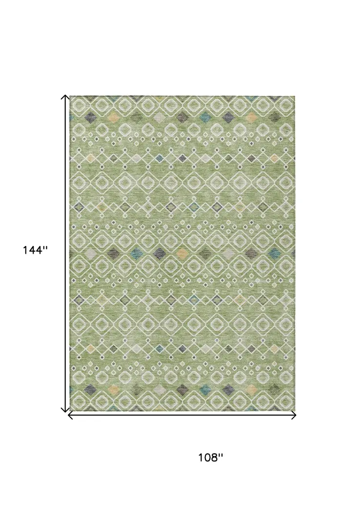 9' X 12' Sage Ivory And Teal Blue Geometric Washable Indoor Outdoor Area Rug