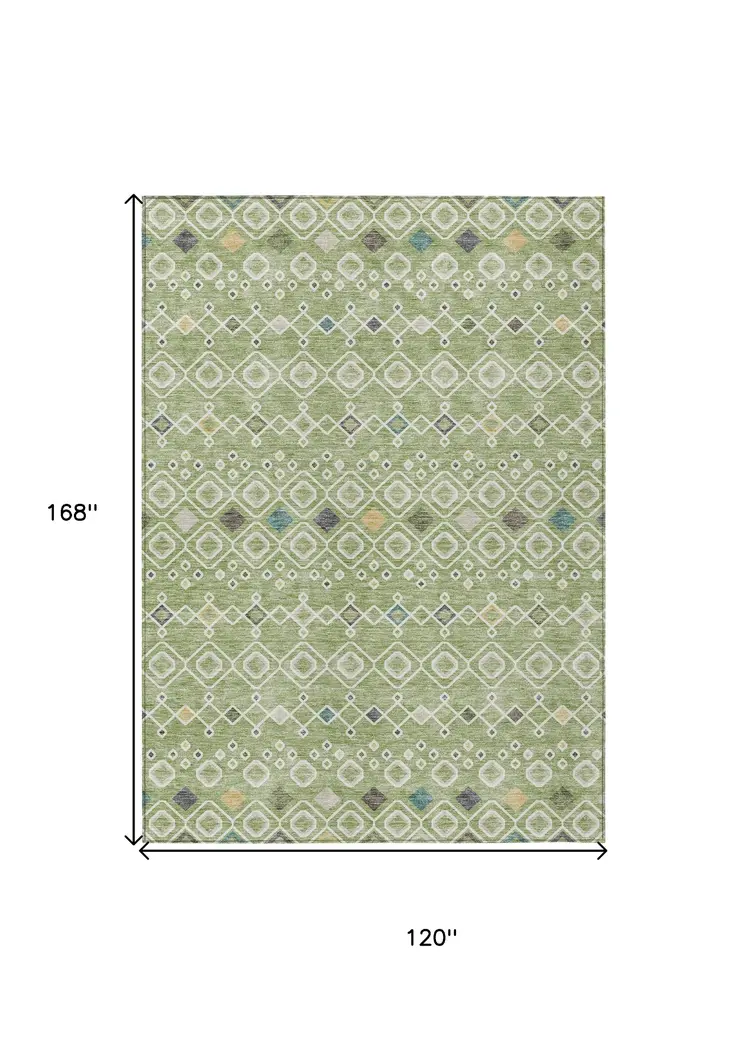 10' X 14' Sage Ivory And Teal Blue Geometric Washable Indoor Outdoor Area Rug