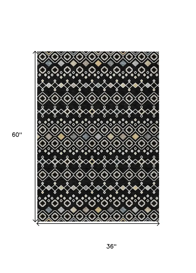 3' X 5' Black Ivory And Blue Geometric Washable Indoor Outdoor Area Rug
