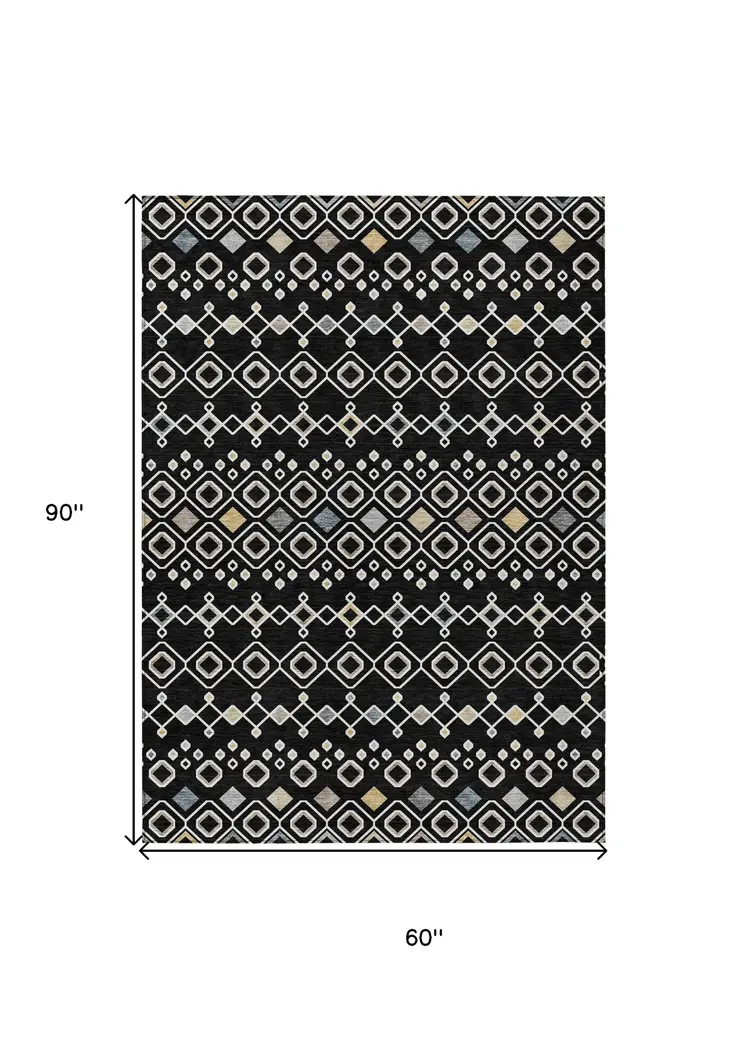 5' X 8' Black Ivory And Blue Geometric Washable Indoor Outdoor Area Rug